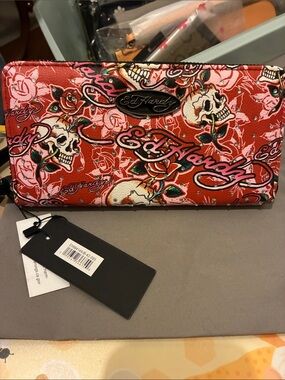 Ed Hardy Red Skull & Rose Signature Zip-Around Wallet